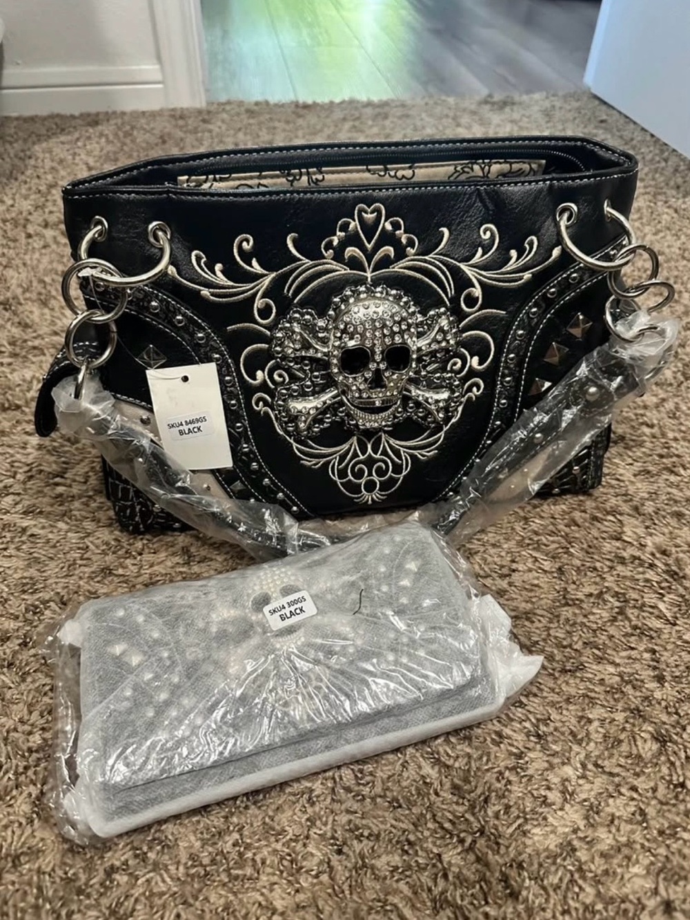 Black Rhinestone Skull Crossbones Handbag Purse + Matching Wallet Set